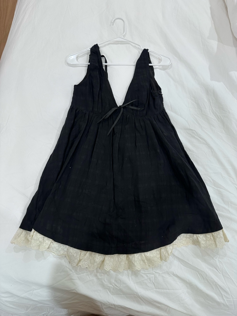 Sky to Moon Black Mini Dress with Cream Lace Trim